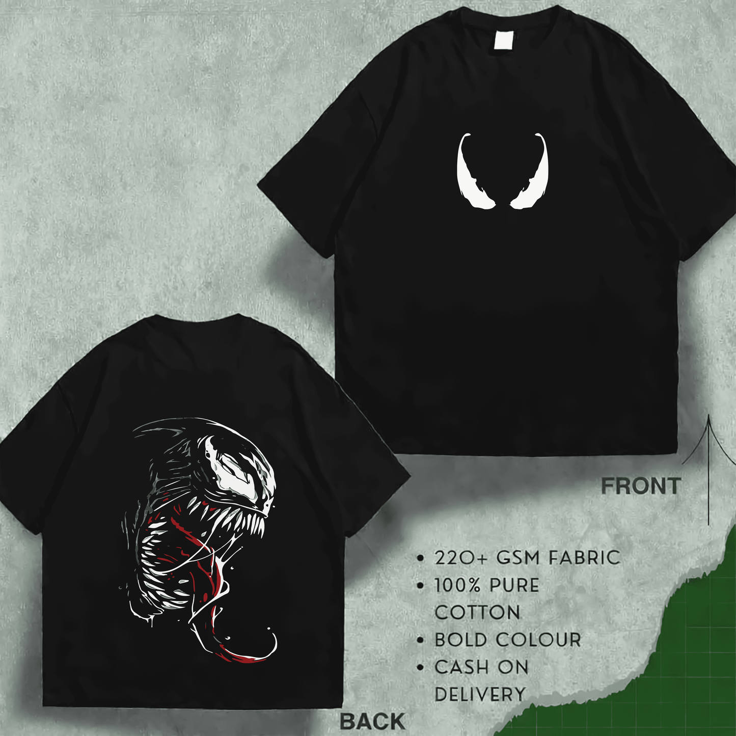 ভেনম প্রিমিয়াম মানের ড্রপ শোল্ডার, অত্যাশ্চর্য DTF প্রিন্ট সহ