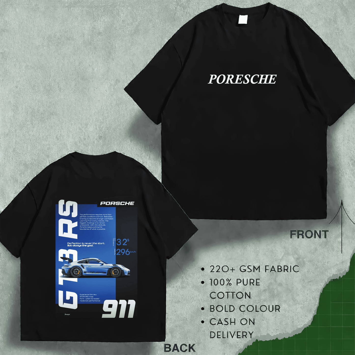 অত্যাশ্চর্য DTF প্রিন্ট সহ Porche প্রিমিয়াম মানের ড্রপ শোল্ডার 