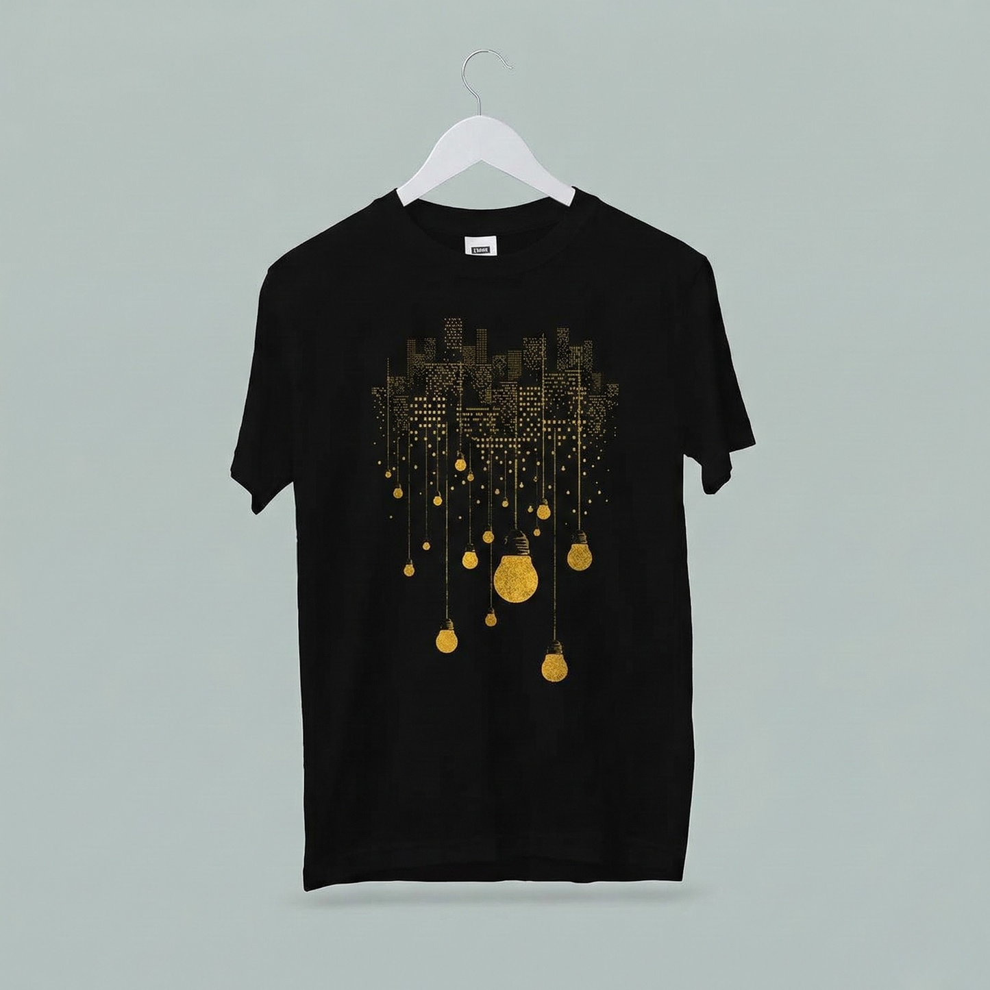 City Glow: Urban Skyline & Lightbulb Graphic T-Shirt